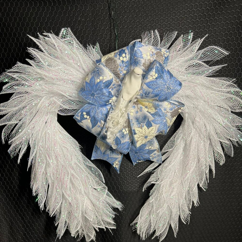 Angel Wing Wreath with Blue Ribbon and Dove